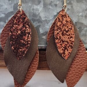 LAYERED LEATHER LEAF Tiered DANGLE Earrings.   NWOT